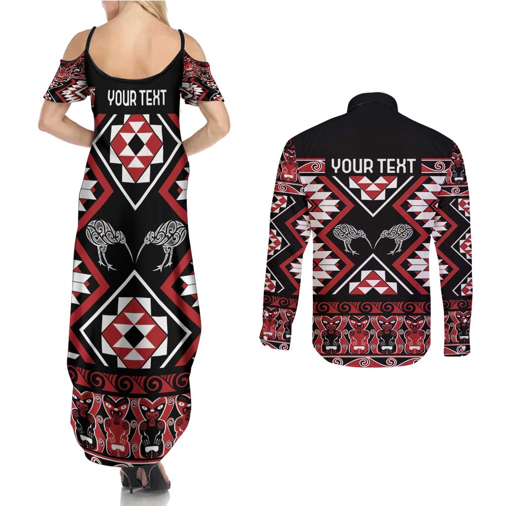 Personalised Taniko Motifs Aotearoa Couples Matching Summer Maxi Dress and Long Sleeve Button Shirt Waitangi Kowhaiwhai Kiwi LT7 - Polynesian Pride
