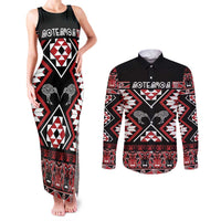 Personalised Taniko Motifs Aotearoa Couples Matching Tank Maxi Dress and Long Sleeve Button Shirt Waitangi Kowhaiwhai Kiwi LT7 Red - Polynesian Pride
