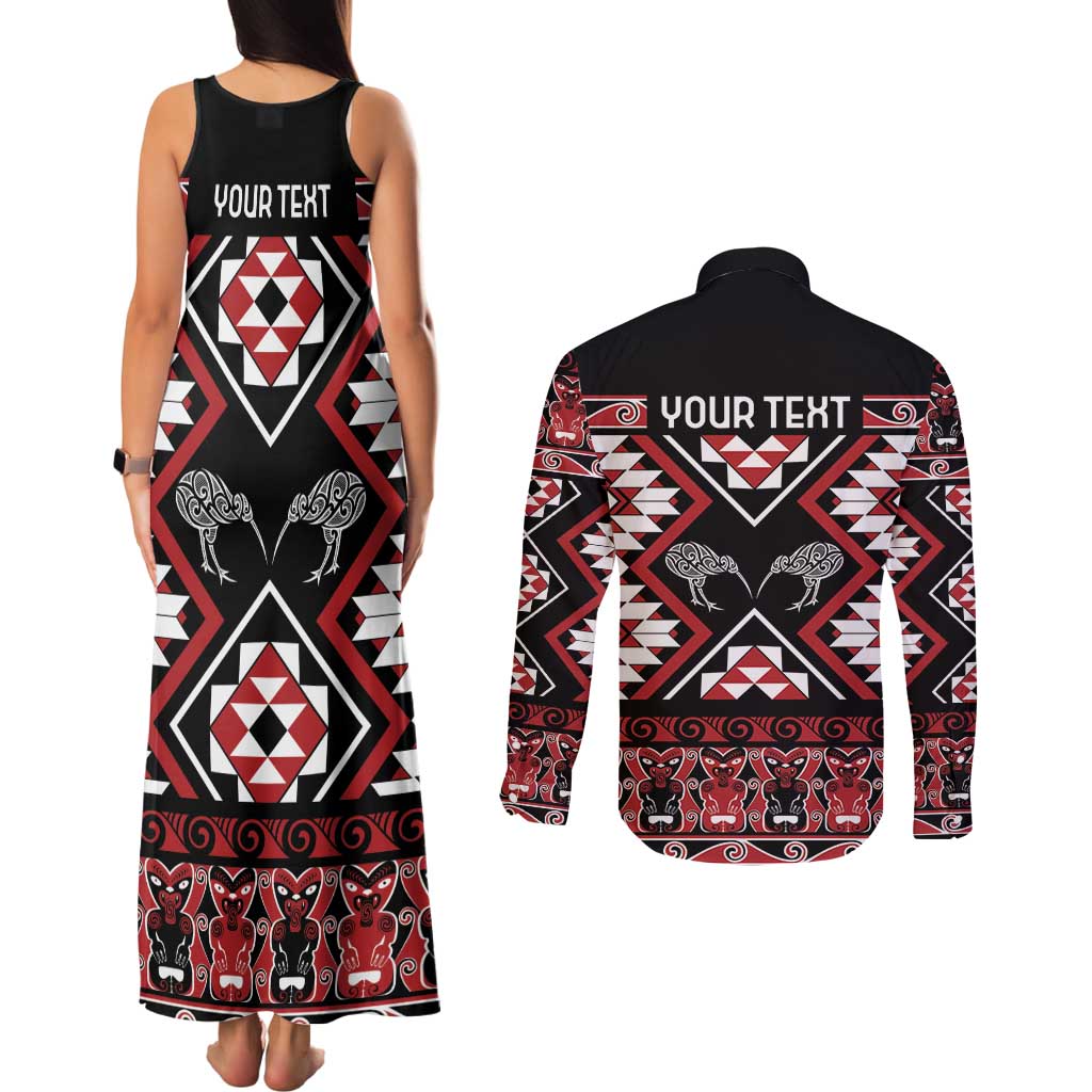 Personalised Taniko Motifs Aotearoa Couples Matching Tank Maxi Dress and Long Sleeve Button Shirt Waitangi Kowhaiwhai Kiwi LT7 - Polynesian Pride