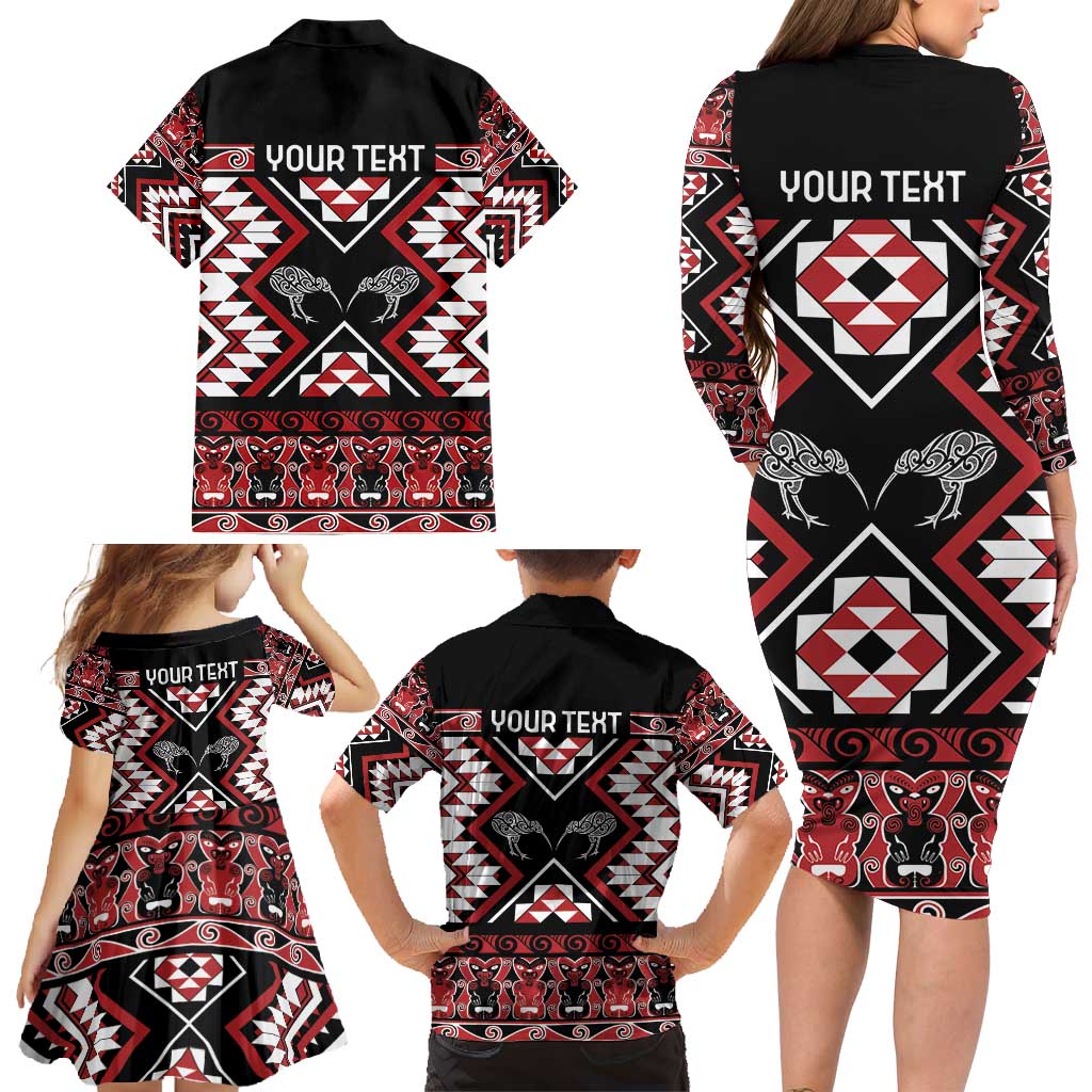 Personalised Taniko Motifs Aotearoa Family Matching Long Sleeve Bodycon Dress and Hawaiian Shirt Waitangi Kowhaiwhai Kiwi LT7 - Polynesian Pride