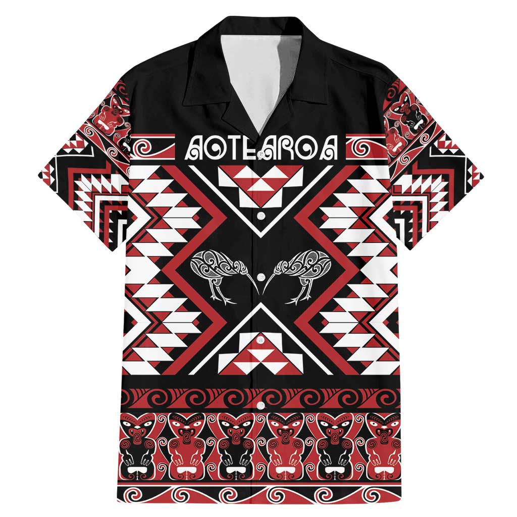 Personalised Taniko Motifs Aotearoa Family Matching Mermaid Dress and Hawaiian Shirt Waitangi Kowhaiwhai Kiwi LT7 Dad's Shirt - Short Sleeve Red - Polynesian Pride