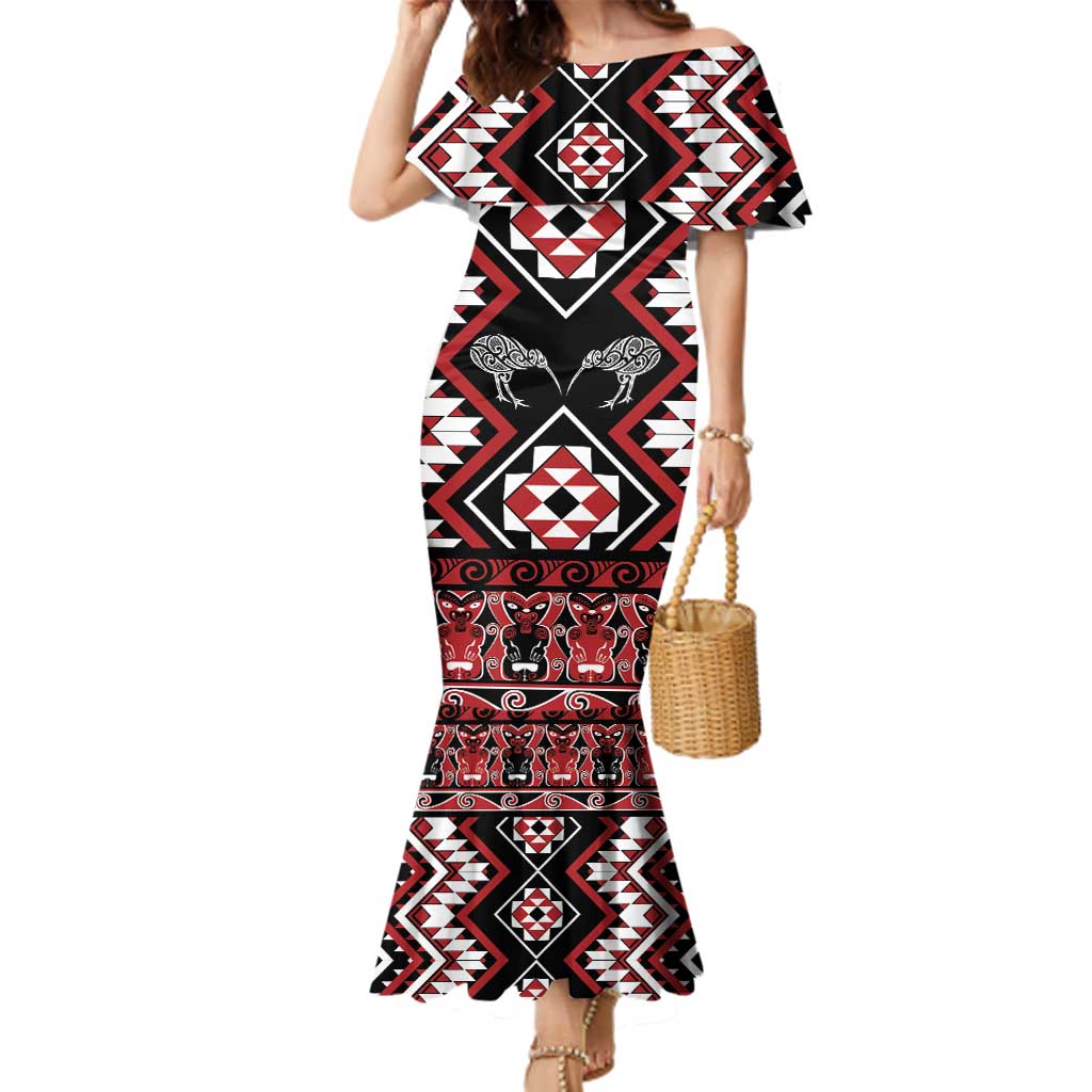 Personalised Taniko Motifs Aotearoa Family Matching Mermaid Dress and Hawaiian Shirt Waitangi Kowhaiwhai Kiwi LT7 Mom's Dress Red - Polynesian Pride
