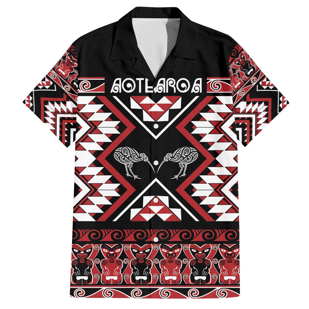 Personalised Taniko Motifs Aotearoa Family Matching Off The Shoulder Long Sleeve Dress and Hawaiian Shirt Waitangi Kowhaiwhai Kiwi LT7 Dad's Shirt - Short Sleeve Red - Polynesian Pride