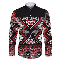 Personalised Taniko Motifs Aotearoa Family Matching Off The Shoulder Long Sleeve Dress and Hawaiian Shirt Waitangi Kowhaiwhai Kiwi LT7 Dad's Shirt - Long Sleeve Red - Polynesian Pride