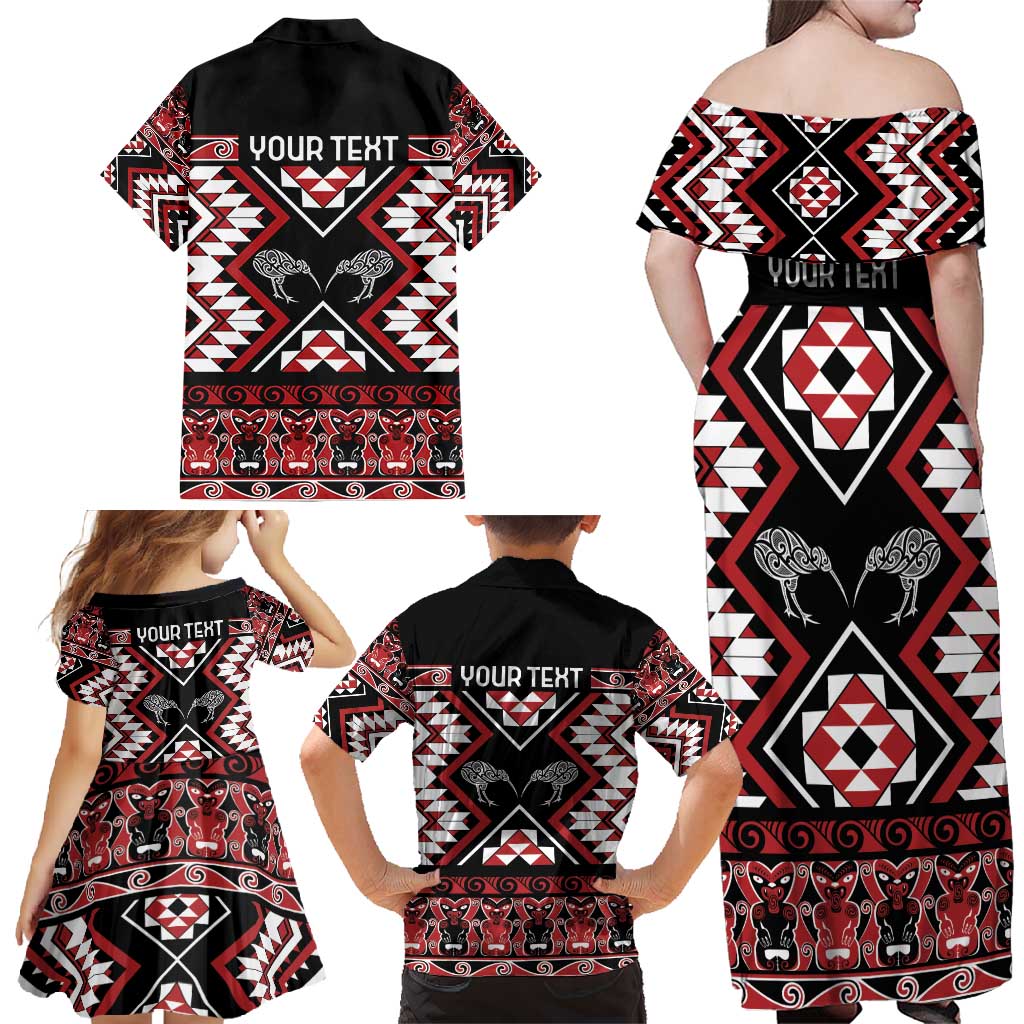 Personalised Taniko Motifs Aotearoa Family Matching Off Shoulder Maxi Dress and Hawaiian Shirt Waitangi Kowhaiwhai Kiwi LT7 - Polynesian Pride