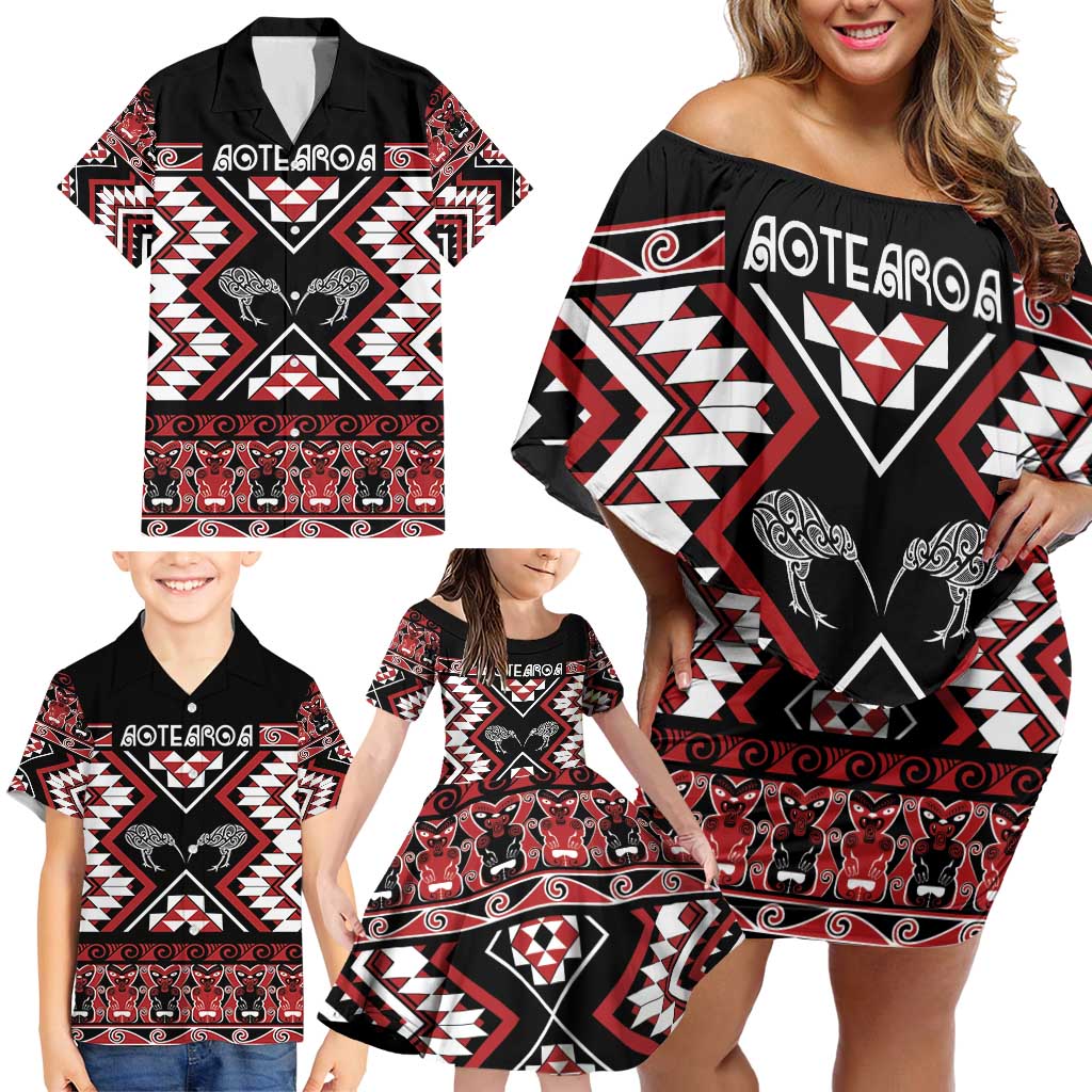 Personalised Taniko Motifs Aotearoa Family Matching Off Shoulder Short Dress and Hawaiian Shirt Waitangi Kowhaiwhai Kiwi LT7 - Polynesian Pride
