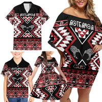 Personalised Taniko Motifs Aotearoa Family Matching Off Shoulder Short Dress and Hawaiian Shirt Waitangi Kowhaiwhai Kiwi LT7 - Polynesian Pride