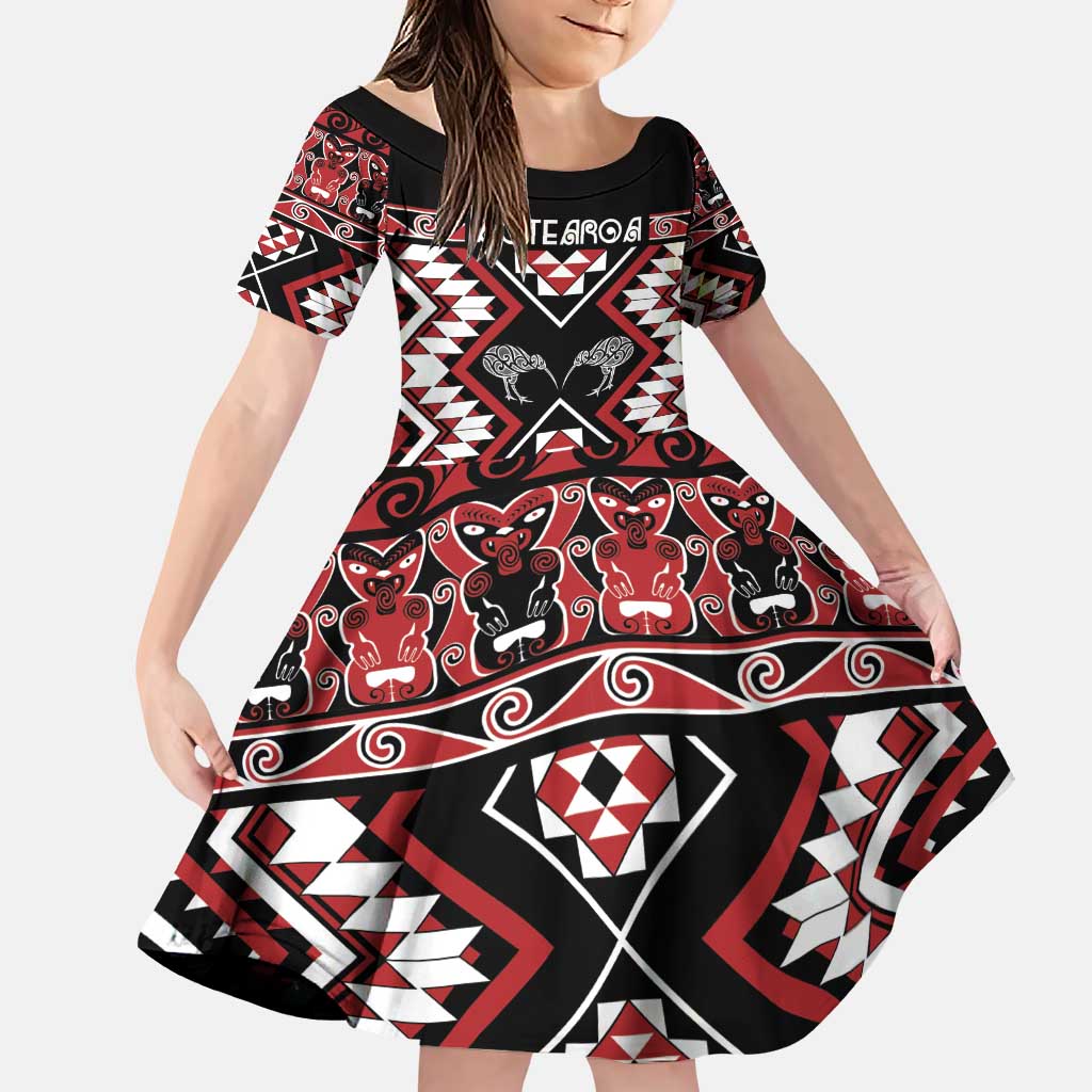 Personalised Taniko Motifs Aotearoa Family Matching Puletasi and Hawaiian Shirt Waitangi Kowhaiwhai Kiwi LT7 Daughter's Dress Red - Polynesian Pride