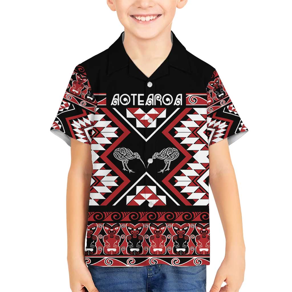 Personalised Taniko Motifs Aotearoa Family Matching Puletasi and Hawaiian Shirt Waitangi Kowhaiwhai Kiwi LT7 Son's Shirt Red - Polynesian Pride