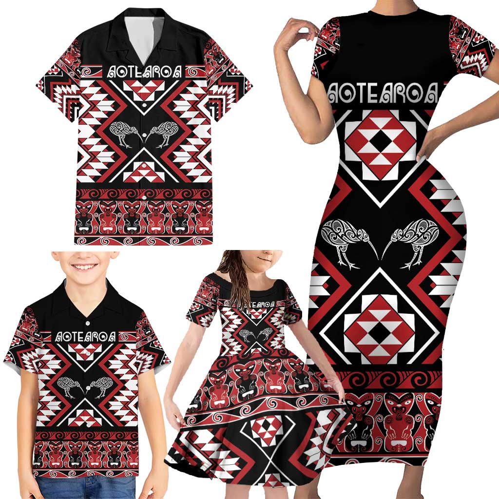 Personalised Taniko Motifs Aotearoa Family Matching Short Sleeve Bodycon Dress and Hawaiian Shirt Waitangi Kowhaiwhai Kiwi LT7 - Polynesian Pride