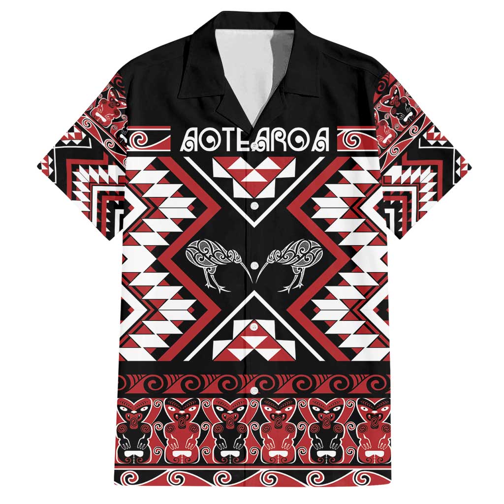 Personalised Taniko Motifs Aotearoa Family Matching Summer Maxi Dress and Hawaiian Shirt Waitangi Kowhaiwhai Kiwi LT7 Dad's Shirt - Short Sleeve Red - Polynesian Pride