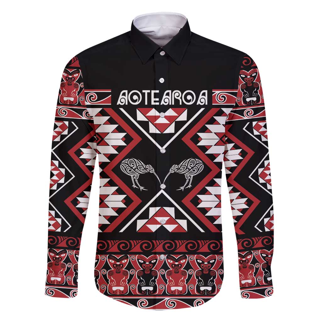 Personalised Taniko Motifs Aotearoa Family Matching Summer Maxi Dress and Hawaiian Shirt Waitangi Kowhaiwhai Kiwi LT7 Dad's Shirt - Long Sleeve Red - Polynesian Pride