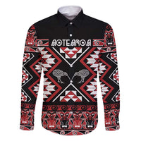 Personalised Taniko Motifs Aotearoa Family Matching Tank Maxi Dress and Hawaiian Shirt Waitangi Kowhaiwhai Kiwi LT7 Dad's Shirt - Long Sleeve Red - Polynesian Pride