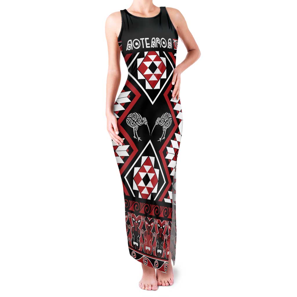 Personalised Taniko Motifs Aotearoa Family Matching Tank Maxi Dress and Hawaiian Shirt Waitangi Kowhaiwhai Kiwi LT7 Mom's Dress Red - Polynesian Pride