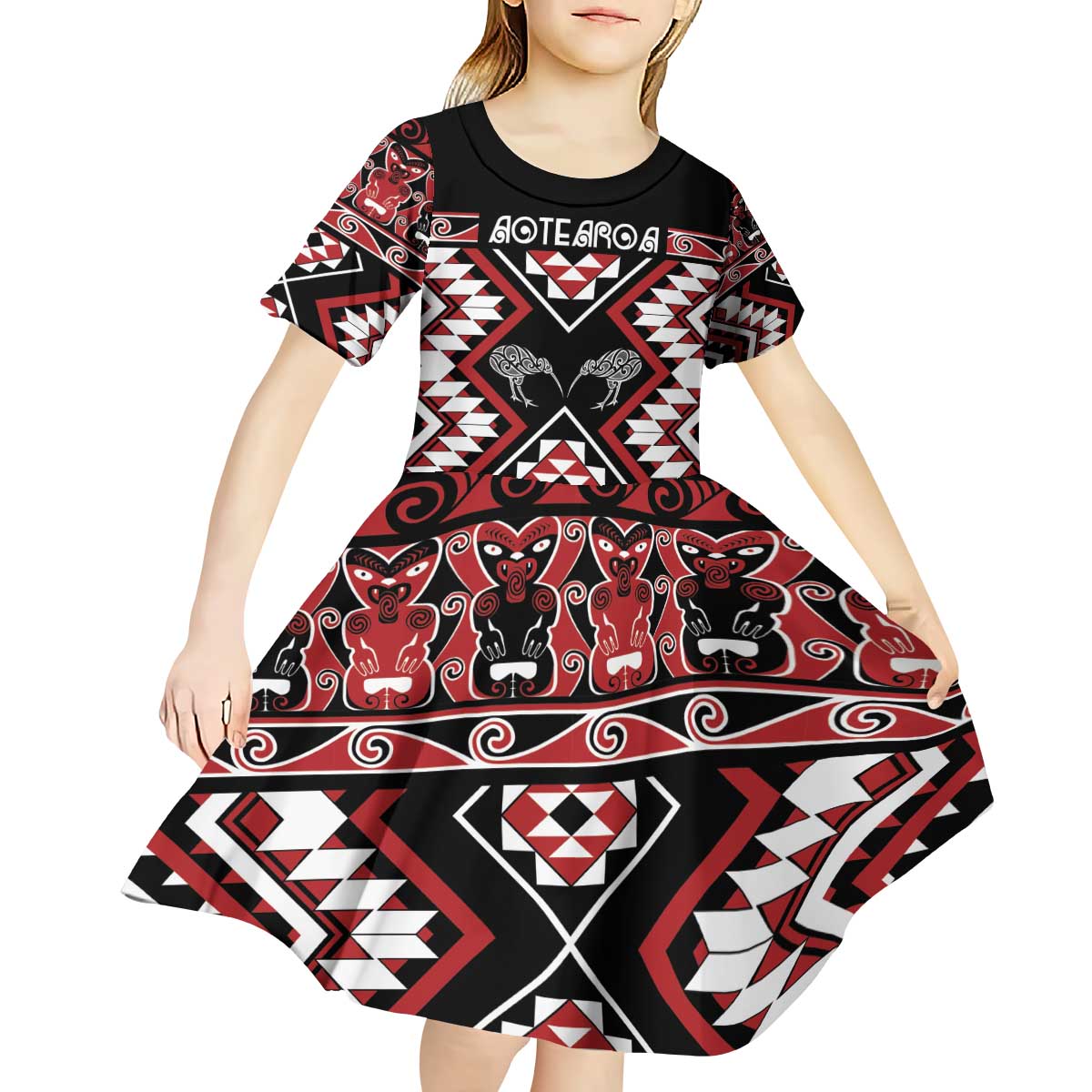 Personalised Taniko Motifs Aotearoa Kid Short Sleeve Dress Waitangi Kowhaiwhai Kiwi LT7 - Polynesian Pride