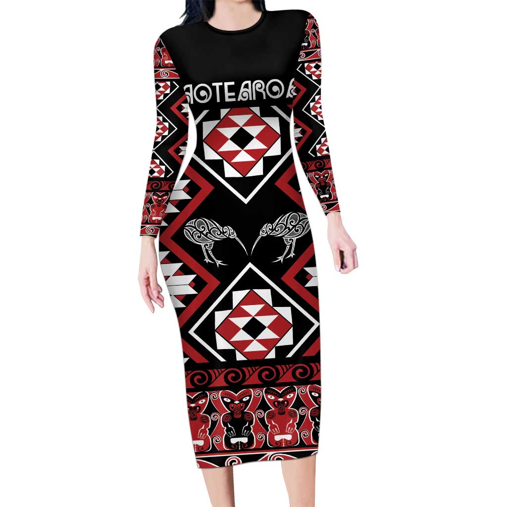 Personalised Taniko Motifs Aotearoa Long Sleeve Bodycon Dress Waitangi Kowhaiwhai Kiwi LT7 Long Dress Red - Polynesian Pride