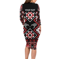 Personalised Taniko Motifs Aotearoa Long Sleeve Bodycon Dress Waitangi Kowhaiwhai Kiwi LT7 - Polynesian Pride
