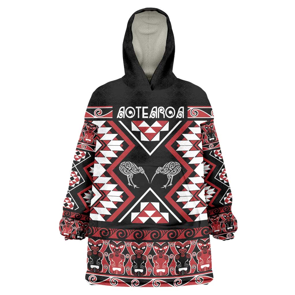 Personalised Taniko Motifs Aotearoa Wearable Blanket Hoodie Waitangi Kowhaiwhai Kiwi LT7 One Size Red - Polynesian Pride