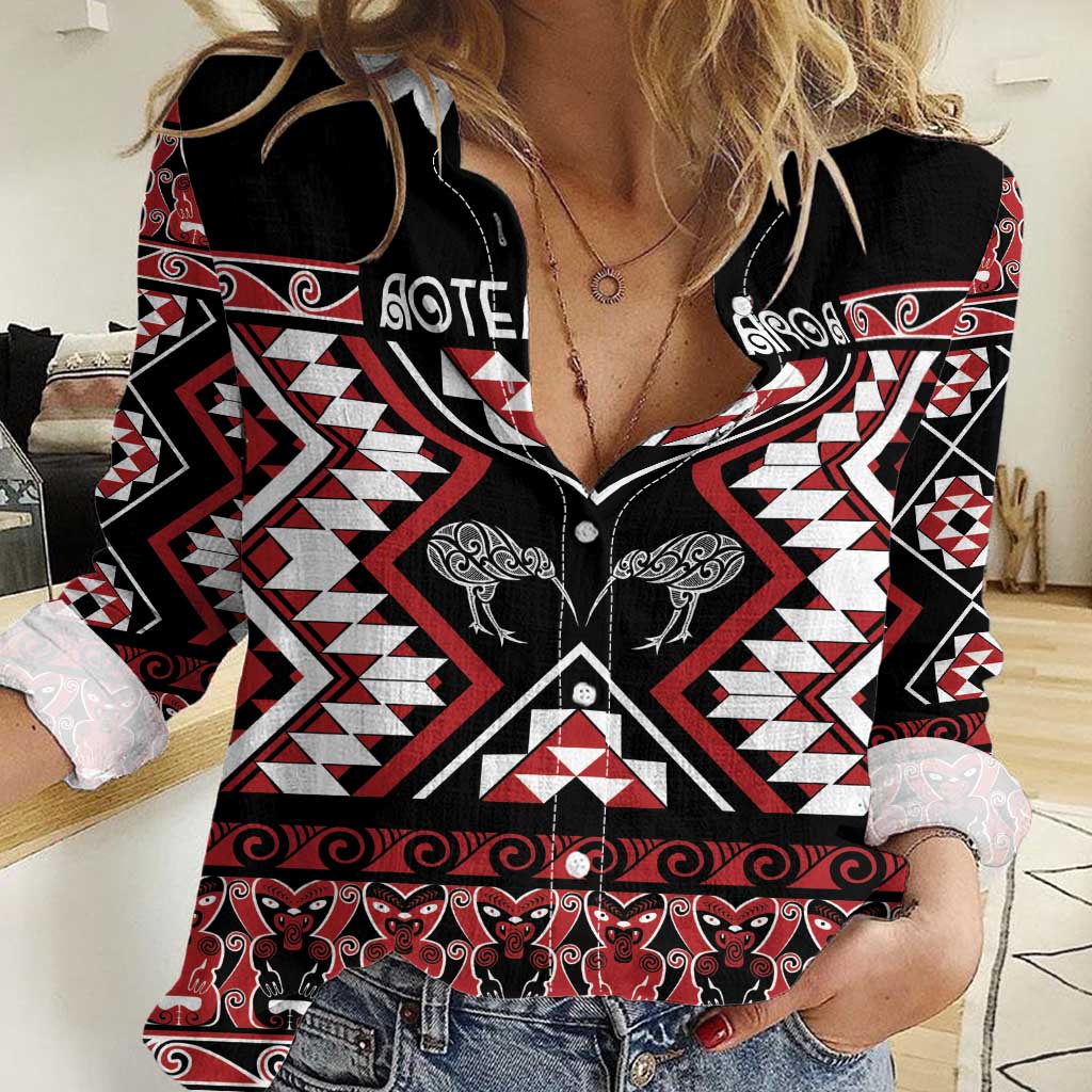 Personalised Taniko Motifs Aotearoa Women Casual Shirt Waitangi Kowhaiwhai Kiwi LT7 Female Red - Polynesian Pride