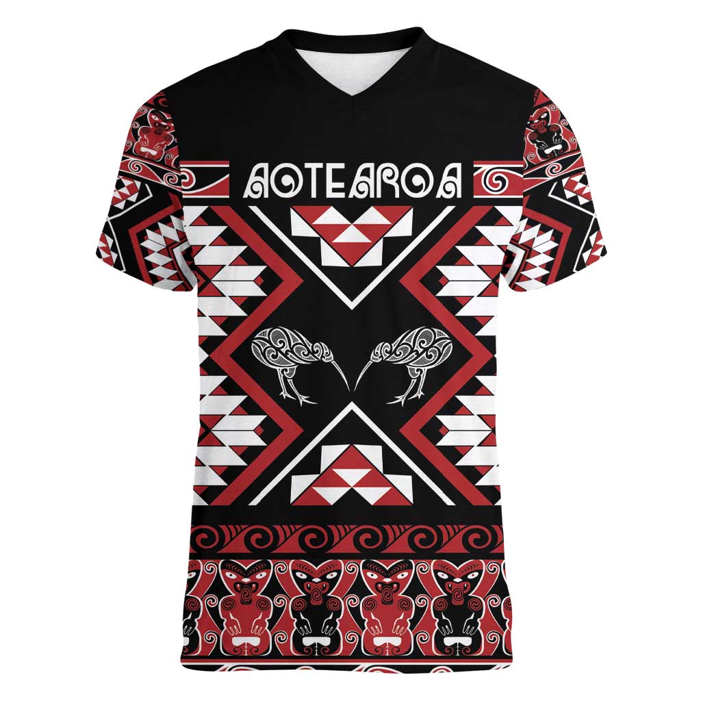 Personalised Taniko Motifs Aotearoa Women V-Neck T-Shirt Waitangi Kowhaiwhai Kiwi LT7 Female Red - Polynesian Pride