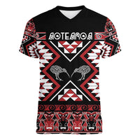 Personalised Taniko Motifs Aotearoa Women V-Neck T-Shirt Waitangi Kowhaiwhai Kiwi LT7 Female Red - Polynesian Pride