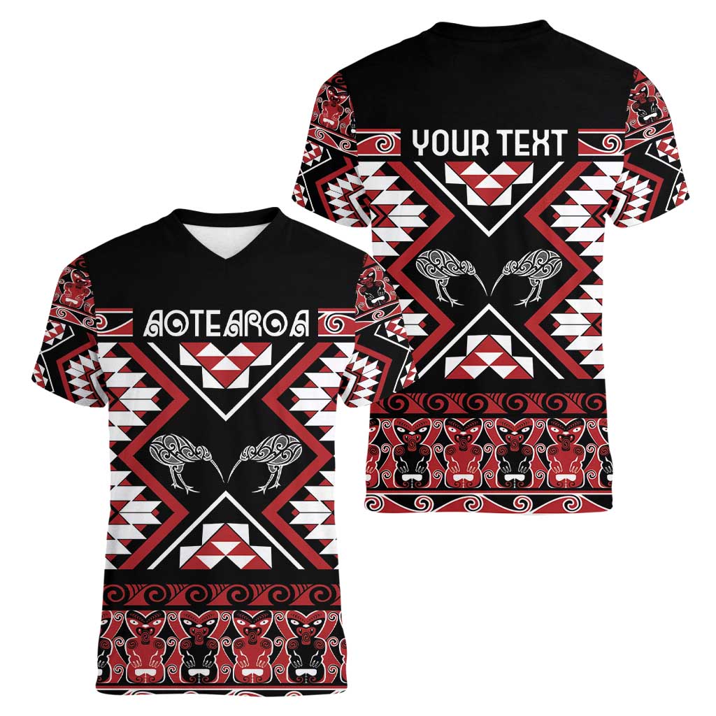 Personalised Taniko Motifs Aotearoa Women V-Neck T-Shirt Waitangi Kowhaiwhai Kiwi LT7 - Polynesian Pride