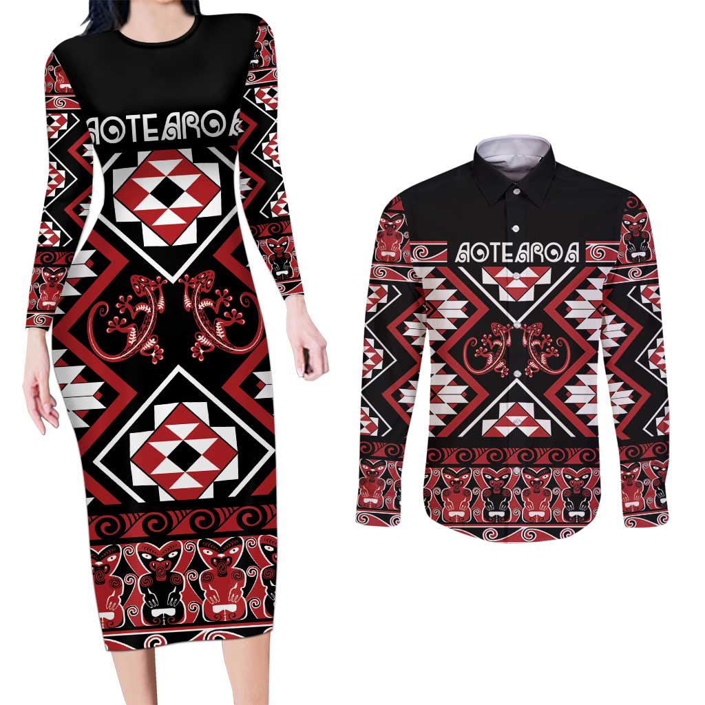 Personalised Aotearoa Waitangi Couples Matching Long Sleeve Bodycon Dress and Long Sleeve Button Shirt Taniko Motifs - Mania Gecko LT7 Red - Polynesian Pride