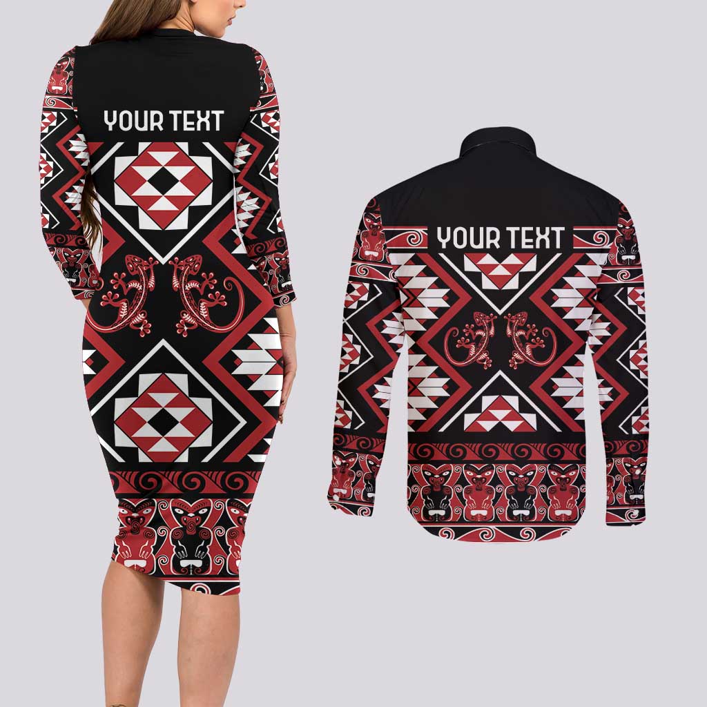 Personalised Aotearoa Waitangi Couples Matching Long Sleeve Bodycon Dress and Long Sleeve Button Shirt Taniko Motifs - Mania Gecko LT7 - Polynesian Pride