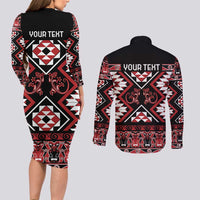 Personalised Aotearoa Waitangi Couples Matching Long Sleeve Bodycon Dress and Long Sleeve Button Shirt Taniko Motifs - Mania Gecko LT7 - Polynesian Pride