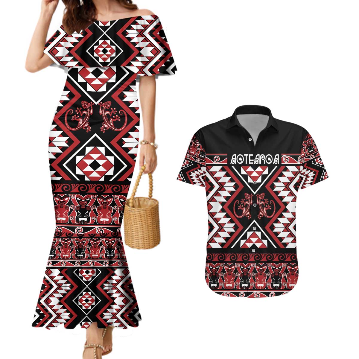 Personalised Aotearoa Waitangi Couples Matching Mermaid Dress and Hawaiian Shirt Taniko Motifs - Mania Gecko LT7 Red - Polynesian Pride