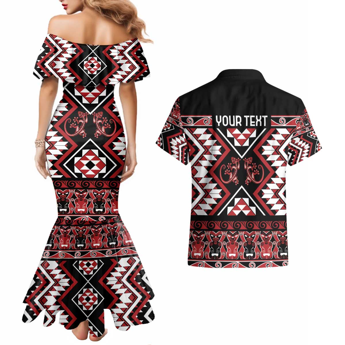 Personalised Aotearoa Waitangi Couples Matching Mermaid Dress and Hawaiian Shirt Taniko Motifs - Mania Gecko LT7 - Polynesian Pride