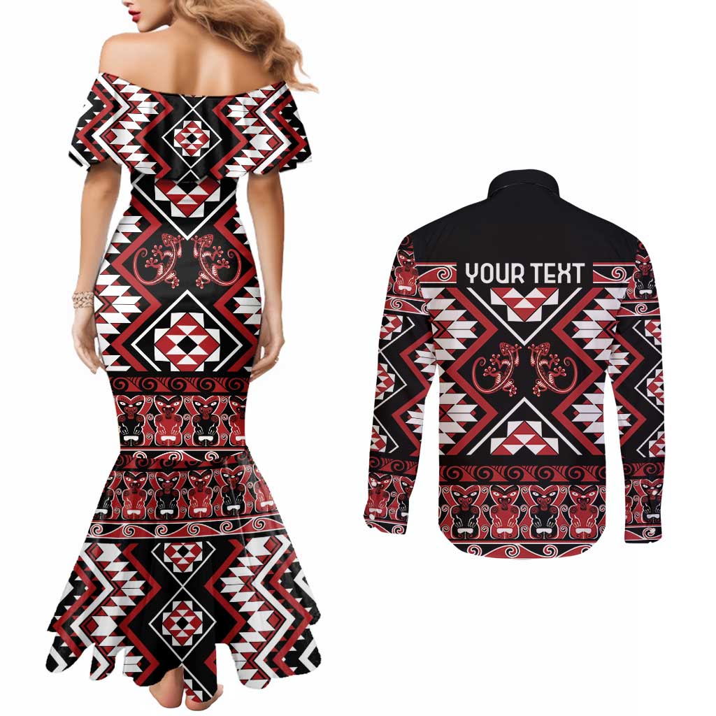 Personalised Aotearoa Waitangi Couples Matching Mermaid Dress and Long Sleeve Button Shirt Taniko Motifs - Mania Gecko LT7 - Polynesian Pride