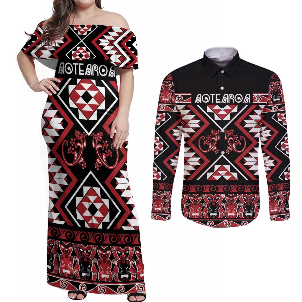 Personalised Aotearoa Waitangi Couples Matching Off Shoulder Maxi Dress and Long Sleeve Button Shirt Taniko Motifs - Mania Gecko LT7 Red - Polynesian Pride