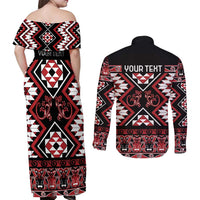 Personalised Aotearoa Waitangi Couples Matching Off Shoulder Maxi Dress and Long Sleeve Button Shirt Taniko Motifs - Mania Gecko LT7 - Polynesian Pride
