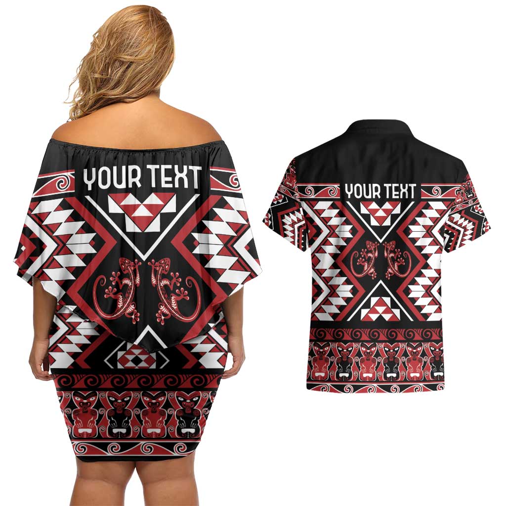 Personalised Aotearoa Waitangi Couples Matching Off Shoulder Short Dress and Hawaiian Shirt Taniko Motifs - Mania Gecko LT7 - Polynesian Pride