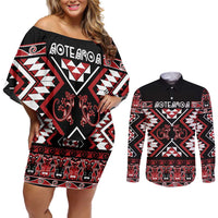 Personalised Aotearoa Waitangi Couples Matching Off Shoulder Short Dress and Long Sleeve Button Shirt Taniko Motifs - Mania Gecko LT7 Red - Polynesian Pride