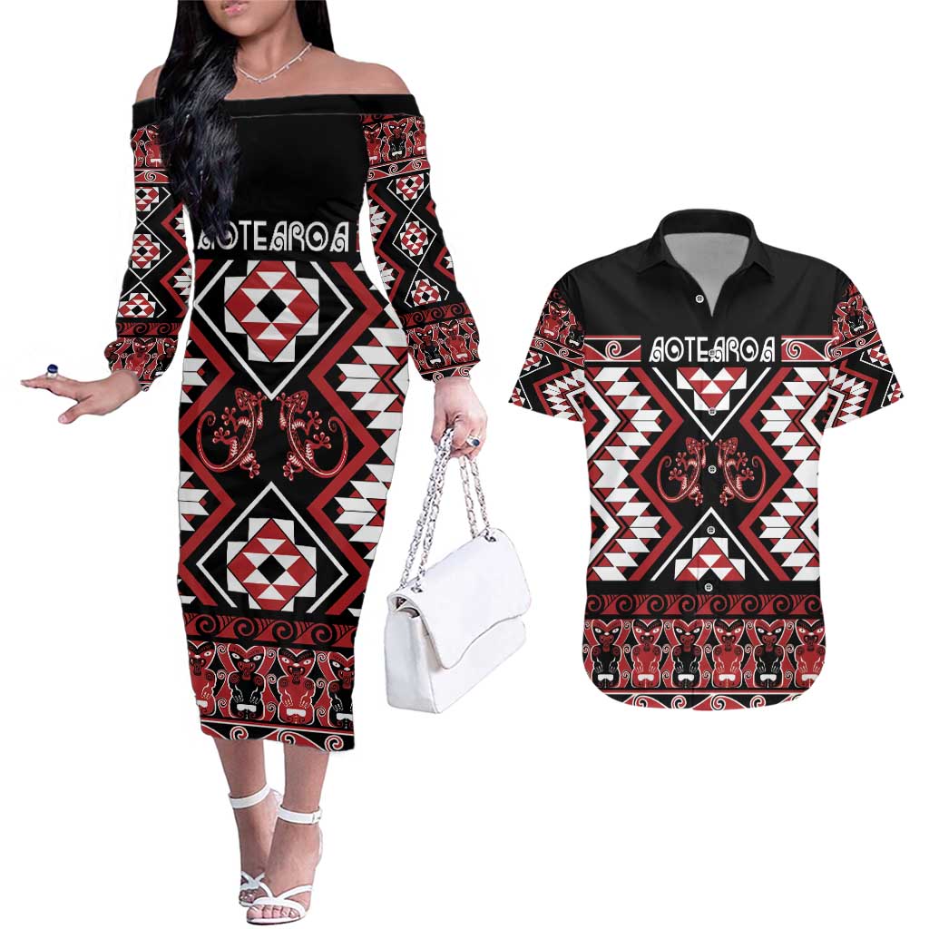 Personalised Aotearoa Waitangi Couples Matching Off The Shoulder Long Sleeve Dress and Hawaiian Shirt Taniko Motifs - Mania Gecko LT7 Red - Polynesian Pride