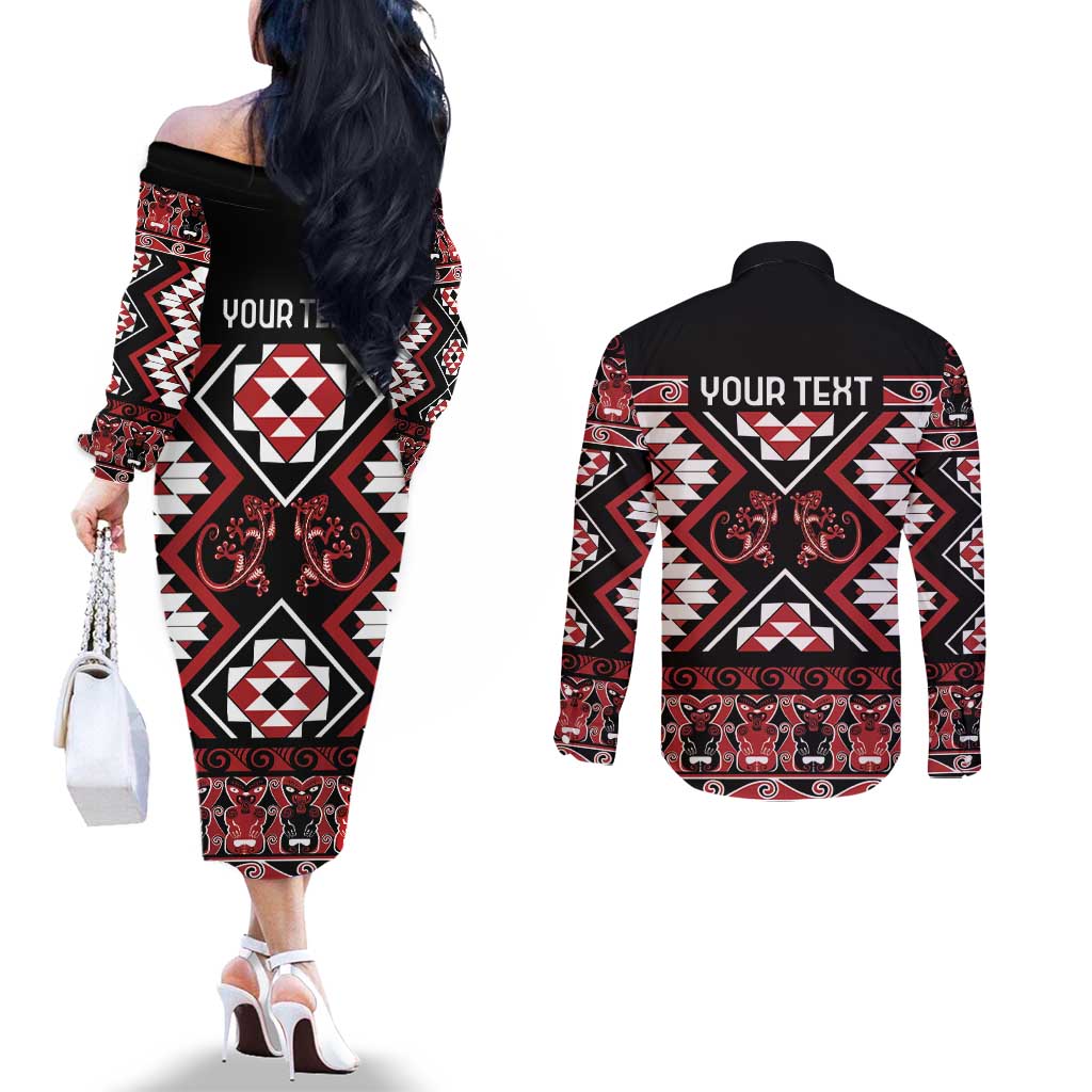 Personalised Aotearoa Waitangi Couples Matching Off The Shoulder Long Sleeve Dress and Long Sleeve Button Shirt Taniko Motifs - Mania Gecko LT7 - Polynesian Pride