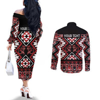 Personalised Aotearoa Waitangi Couples Matching Off The Shoulder Long Sleeve Dress and Long Sleeve Button Shirt Taniko Motifs - Mania Gecko LT7 - Polynesian Pride