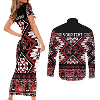 Personalised Aotearoa Waitangi Couples Matching Short Sleeve Bodycon Dress and Long Sleeve Button Shirt Taniko Motifs - Mania Gecko LT7 - Polynesian Pride