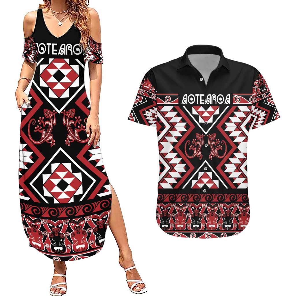 Personalised Aotearoa Waitangi Couples Matching Summer Maxi Dress and Hawaiian Shirt Taniko Motifs - Mania Gecko LT7 Red - Polynesian Pride