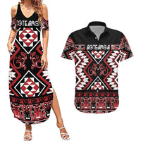Personalised Aotearoa Waitangi Couples Matching Summer Maxi Dress and Hawaiian Shirt Taniko Motifs - Mania Gecko LT7 Red - Polynesian Pride