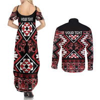 Personalised Aotearoa Waitangi Couples Matching Summer Maxi Dress and Long Sleeve Button Shirt Taniko Motifs - Mania Gecko LT7 - Polynesian Pride