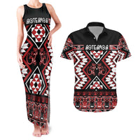 Personalised Aotearoa Waitangi Couples Matching Tank Maxi Dress and Hawaiian Shirt Taniko Motifs - Mania Gecko LT7 Red - Polynesian Pride