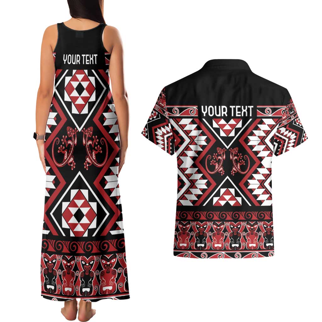 Personalised Aotearoa Waitangi Couples Matching Tank Maxi Dress and Hawaiian Shirt Taniko Motifs - Mania Gecko LT7 - Polynesian Pride