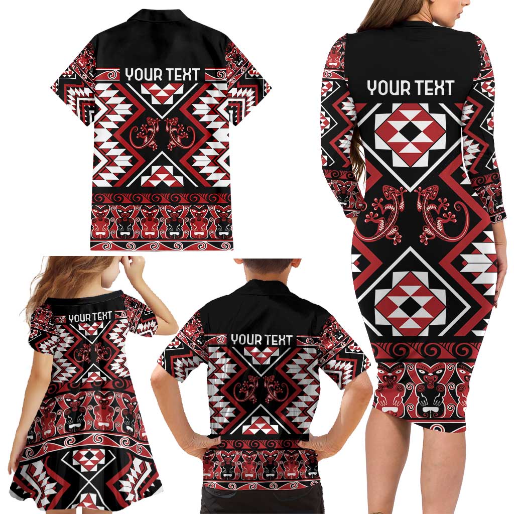 Personalised Aotearoa Waitangi Family Matching Long Sleeve Bodycon Dress and Hawaiian Shirt Taniko Motifs - Mania Gecko LT7 - Polynesian Pride