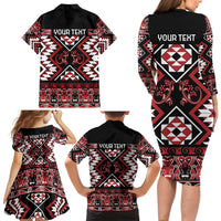 Personalised Aotearoa Waitangi Family Matching Long Sleeve Bodycon Dress and Hawaiian Shirt Taniko Motifs - Mania Gecko LT7 - Polynesian Pride