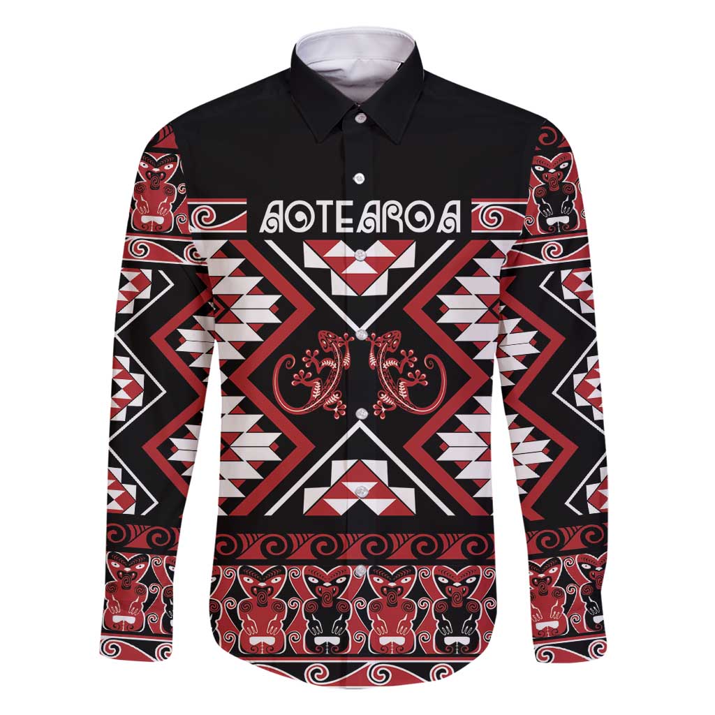 Personalised Aotearoa Waitangi Family Matching Long Sleeve Bodycon Dress and Hawaiian Shirt Taniko Motifs - Mania Gecko LT7 Dad's Shirt - Long Sleeve Red - Polynesian Pride