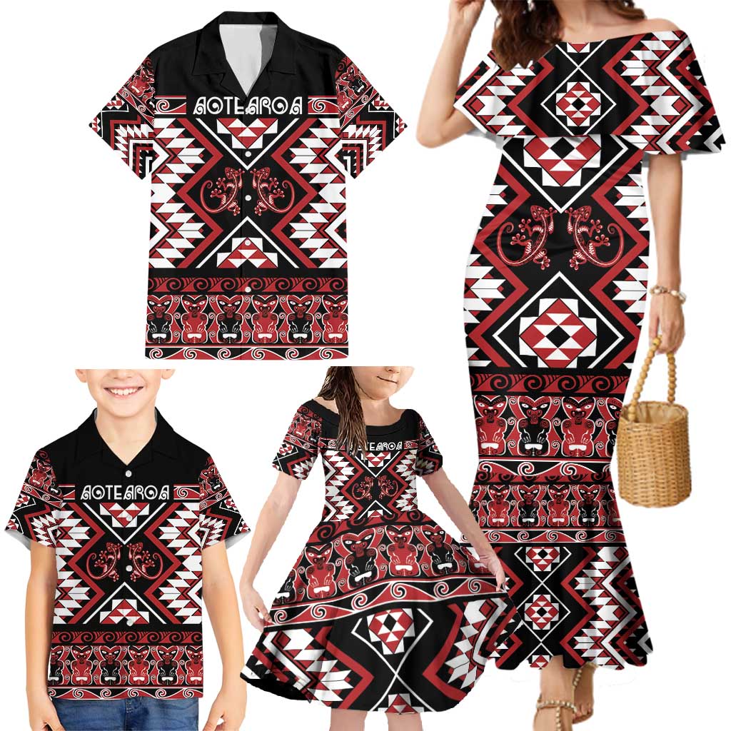 Personalised Aotearoa Waitangi Family Matching Mermaid Dress and Hawaiian Shirt Taniko Motifs - Mania Gecko LT7 - Polynesian Pride