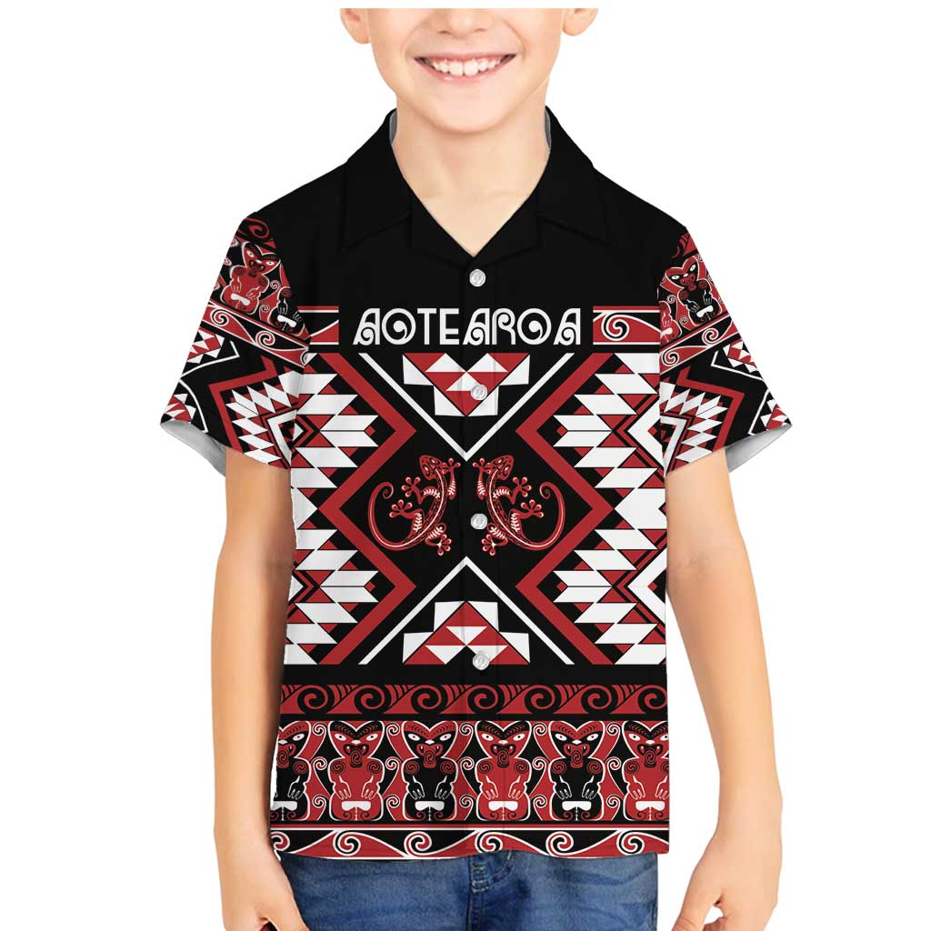 Personalised Aotearoa Waitangi Family Matching Mermaid Dress and Hawaiian Shirt Taniko Motifs - Mania Gecko LT7 Son's Shirt Red - Polynesian Pride